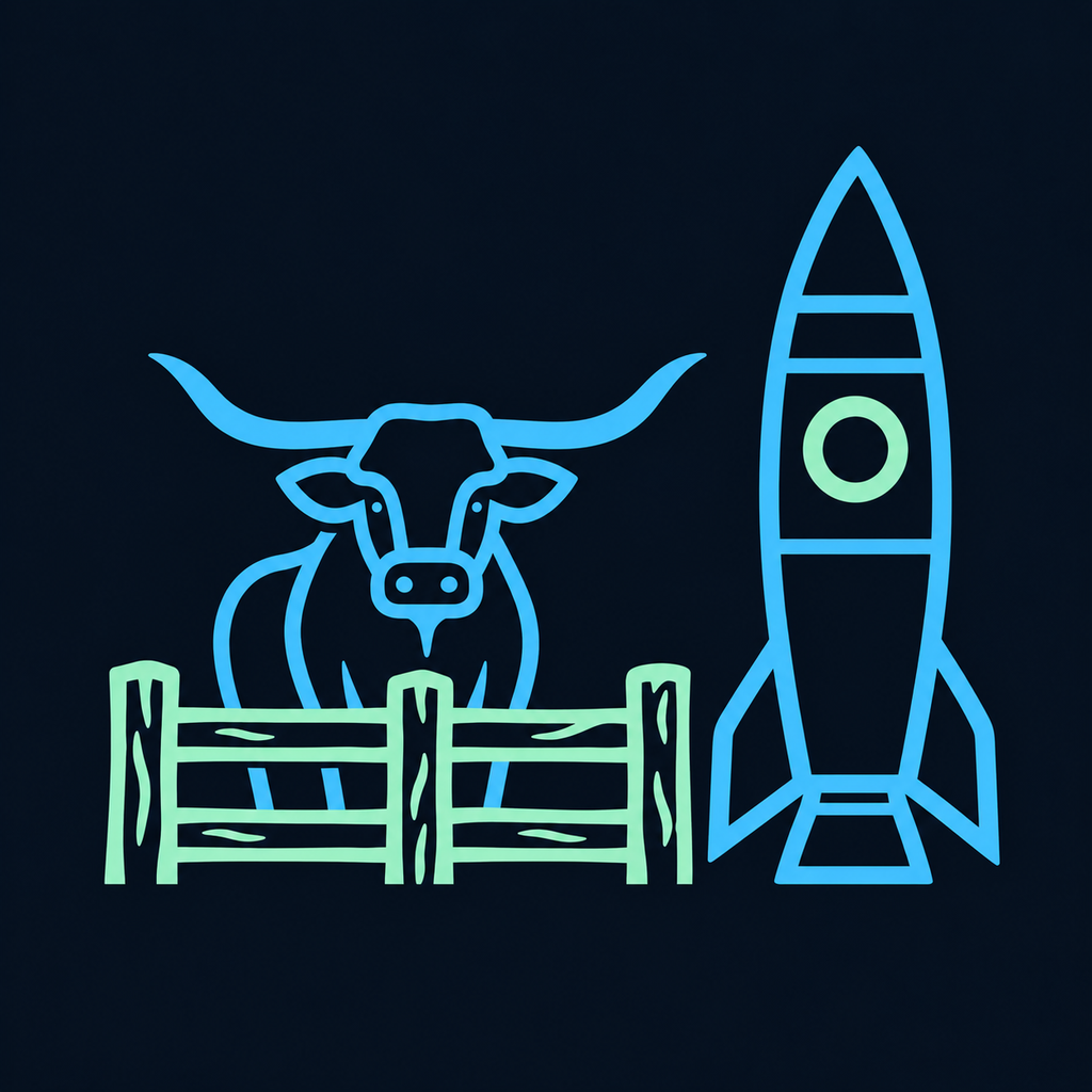 Rocket Ranch Studios longhorn and rocket emblem